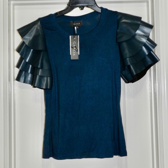 Gracia Ruffle Sleeve Top Vegan S NWT - Picture 1 of 5